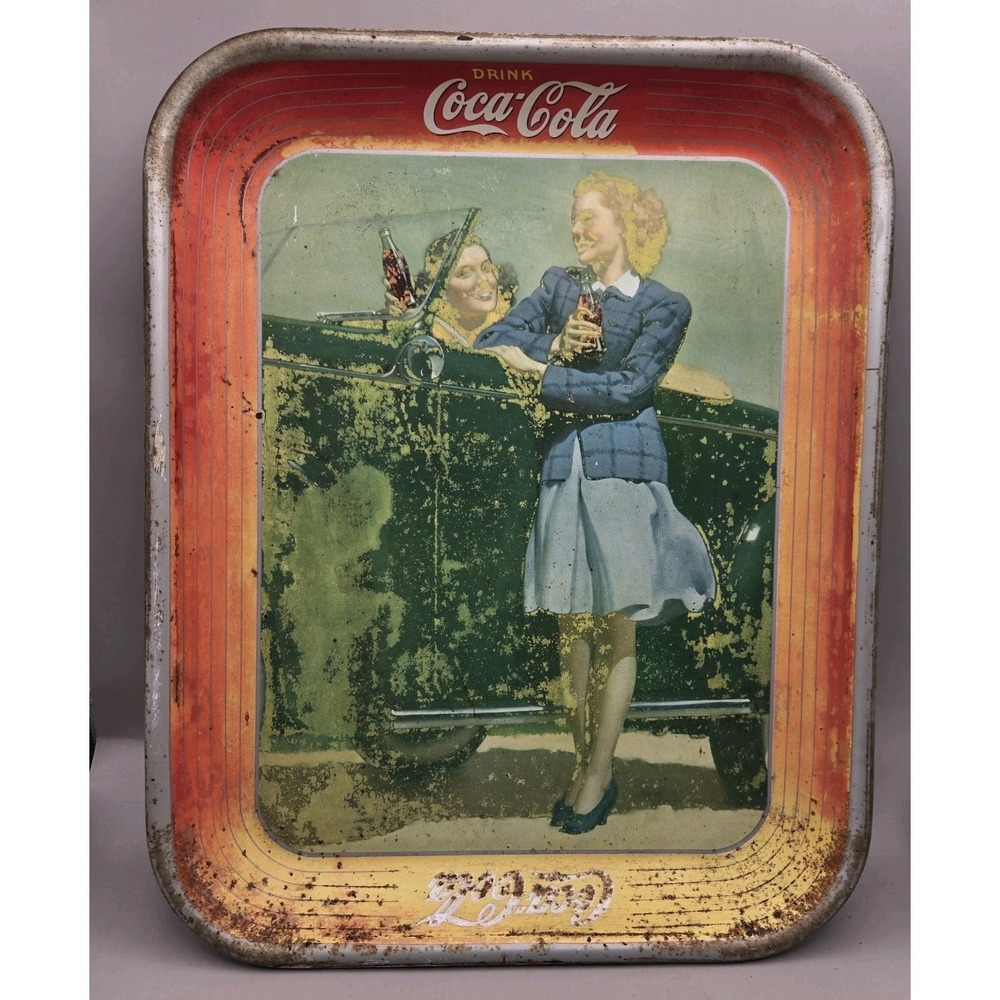 Vintage Coca-cola Serving Tray 1942 Edition "Two Girls And A Roadster "‎
